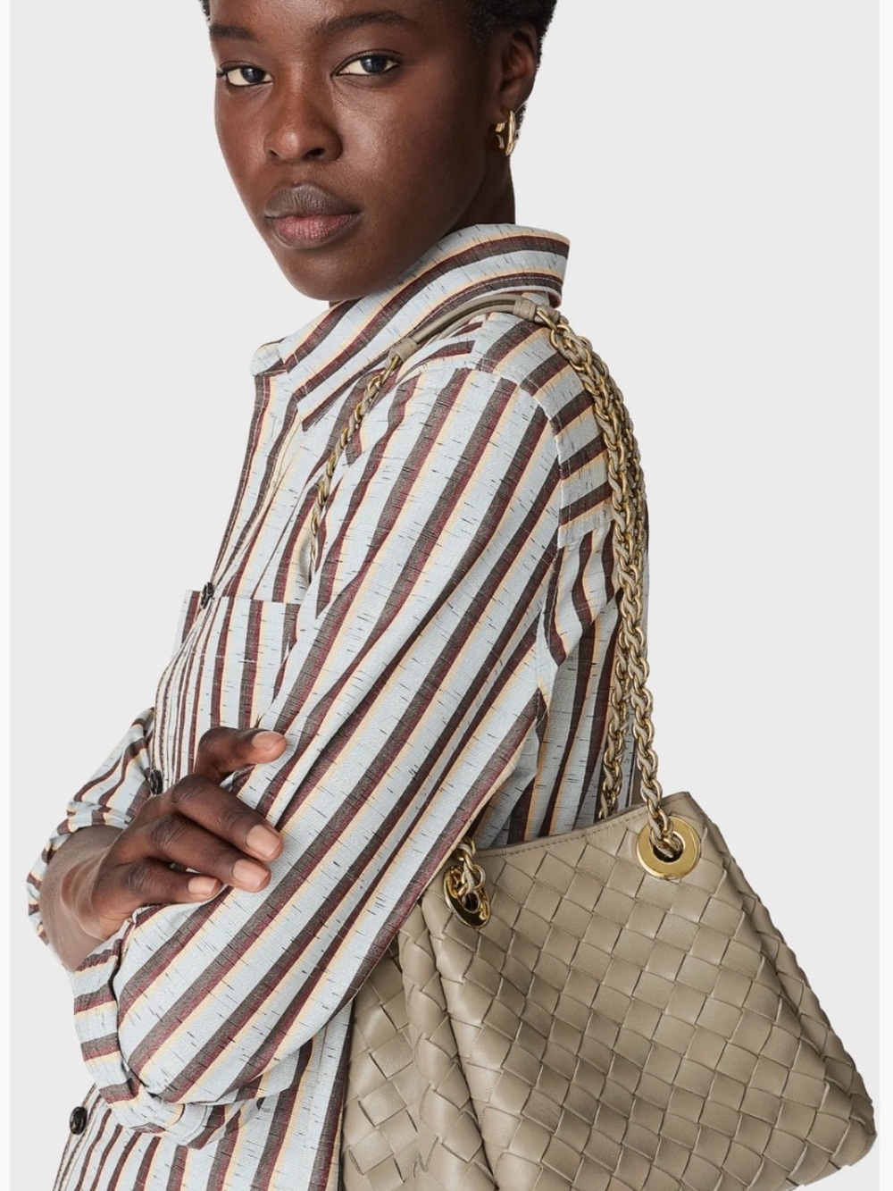 Bottega Veneta limestone Woven Leather Shoulder Bag with Gold Chain NWT